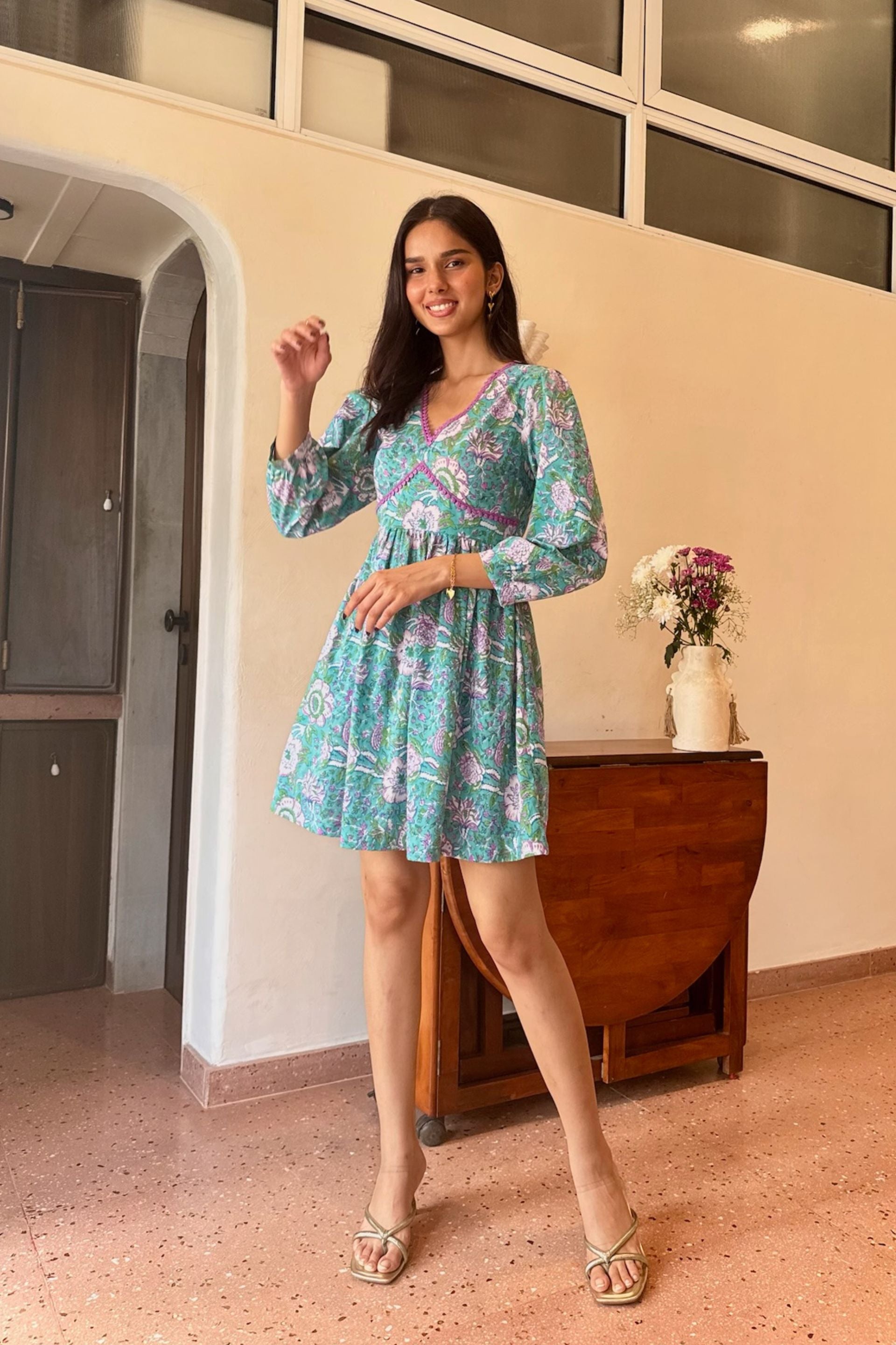 Teal Green & Purple Floral Cotton Dress with One Side Pocket