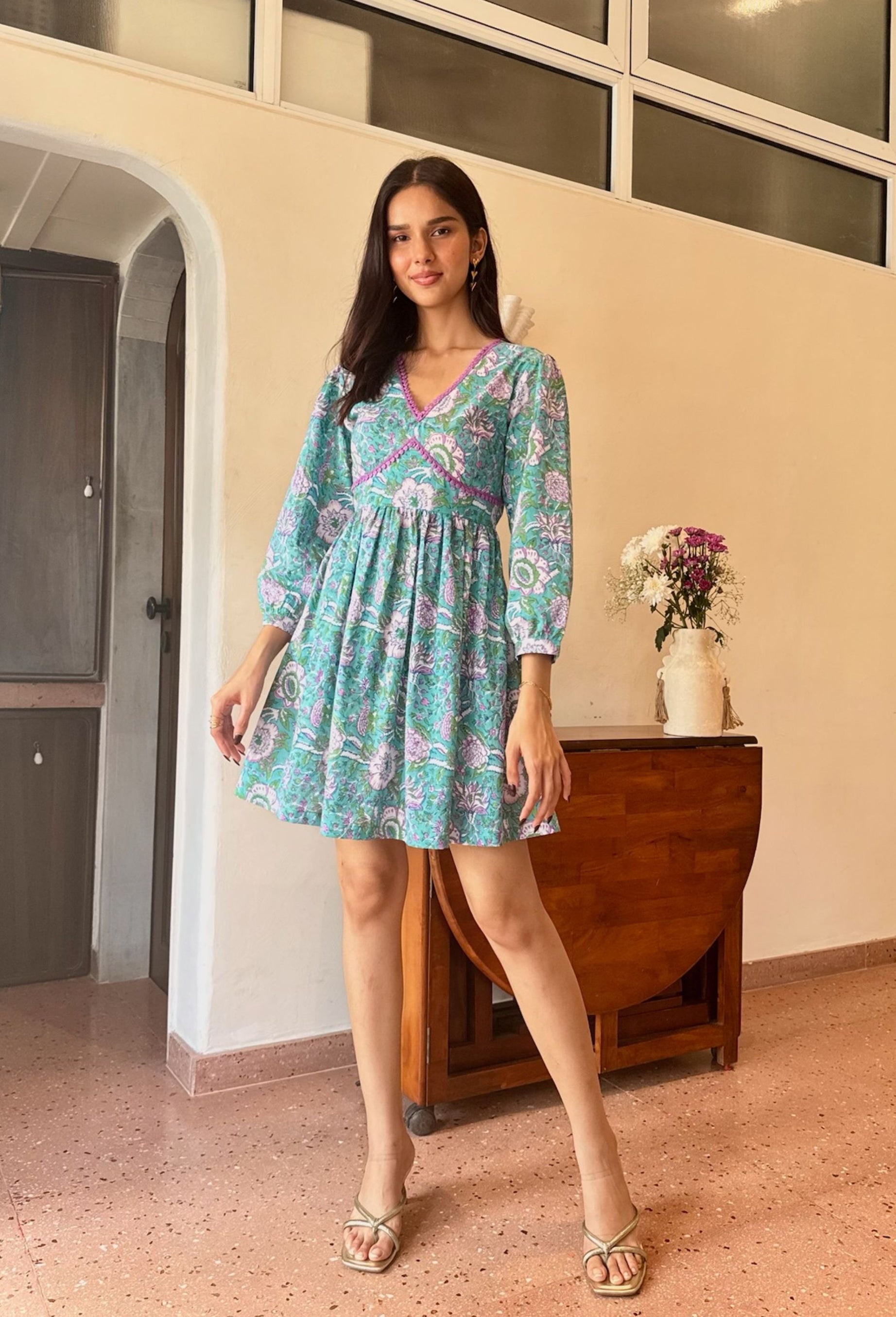 Teal Green & Purple Floral Cotton Dress with One Side Pocket