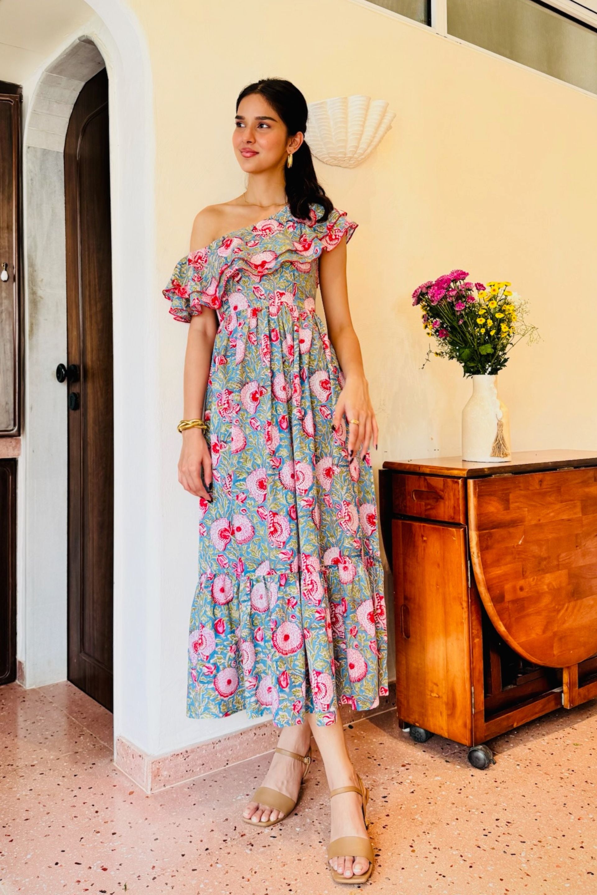 Blue & Red Floral One Side Drop Shoulder Frill Dress with One Side Pocket