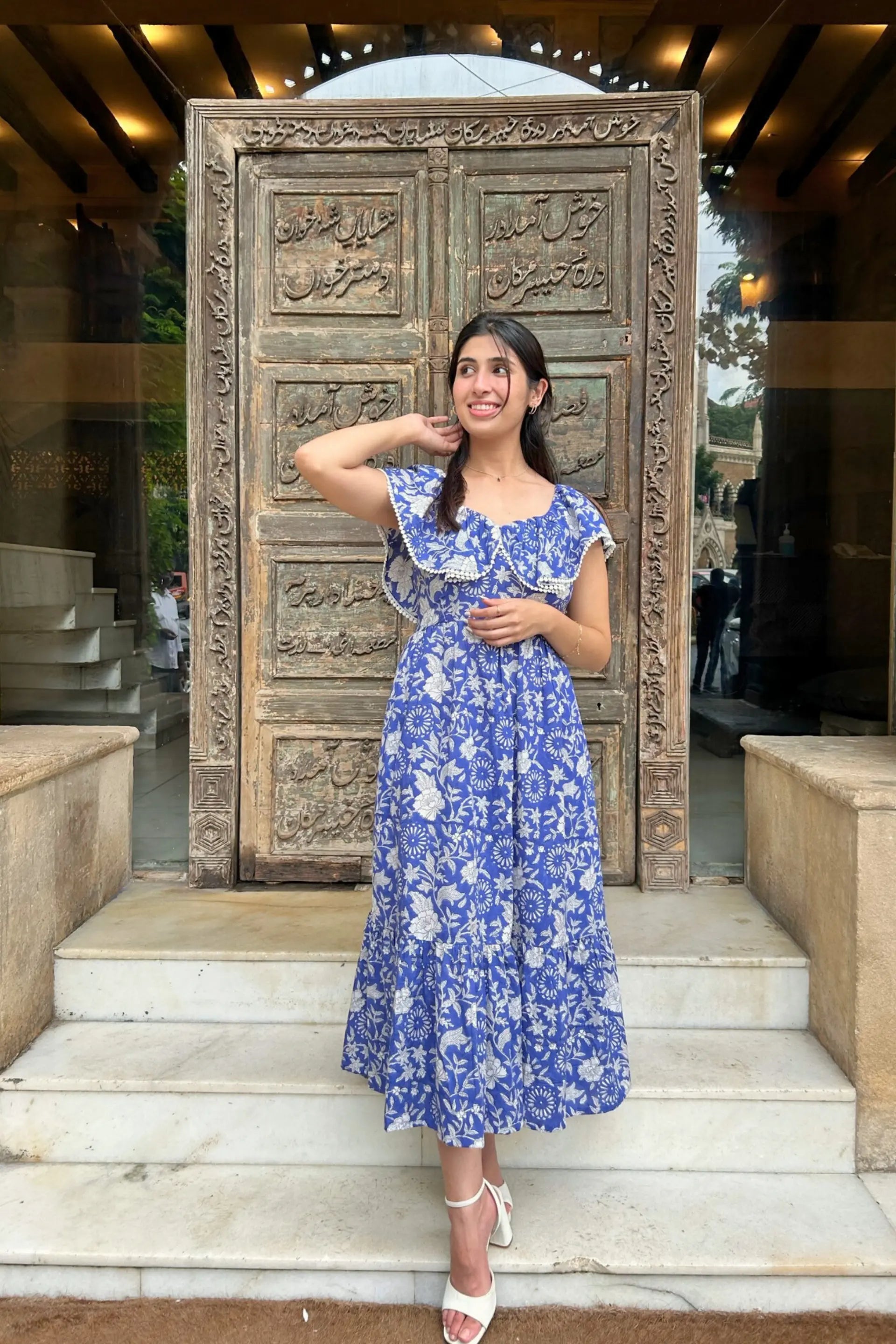 cotton maxi dress with pockets Blue and White Hand Printed Maxi Dress with Pocket