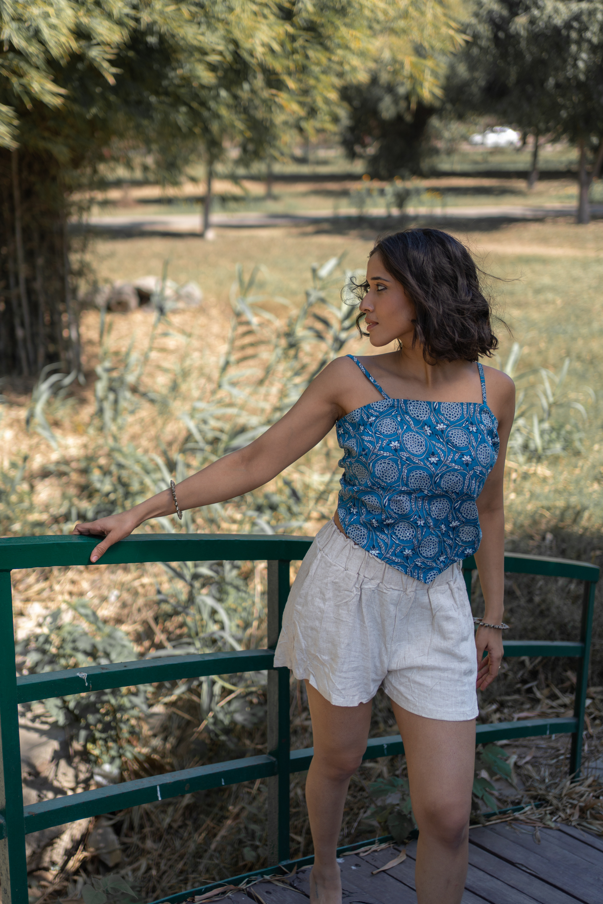 Blue Scarf Top with in a Floral Handprinted Cotton
