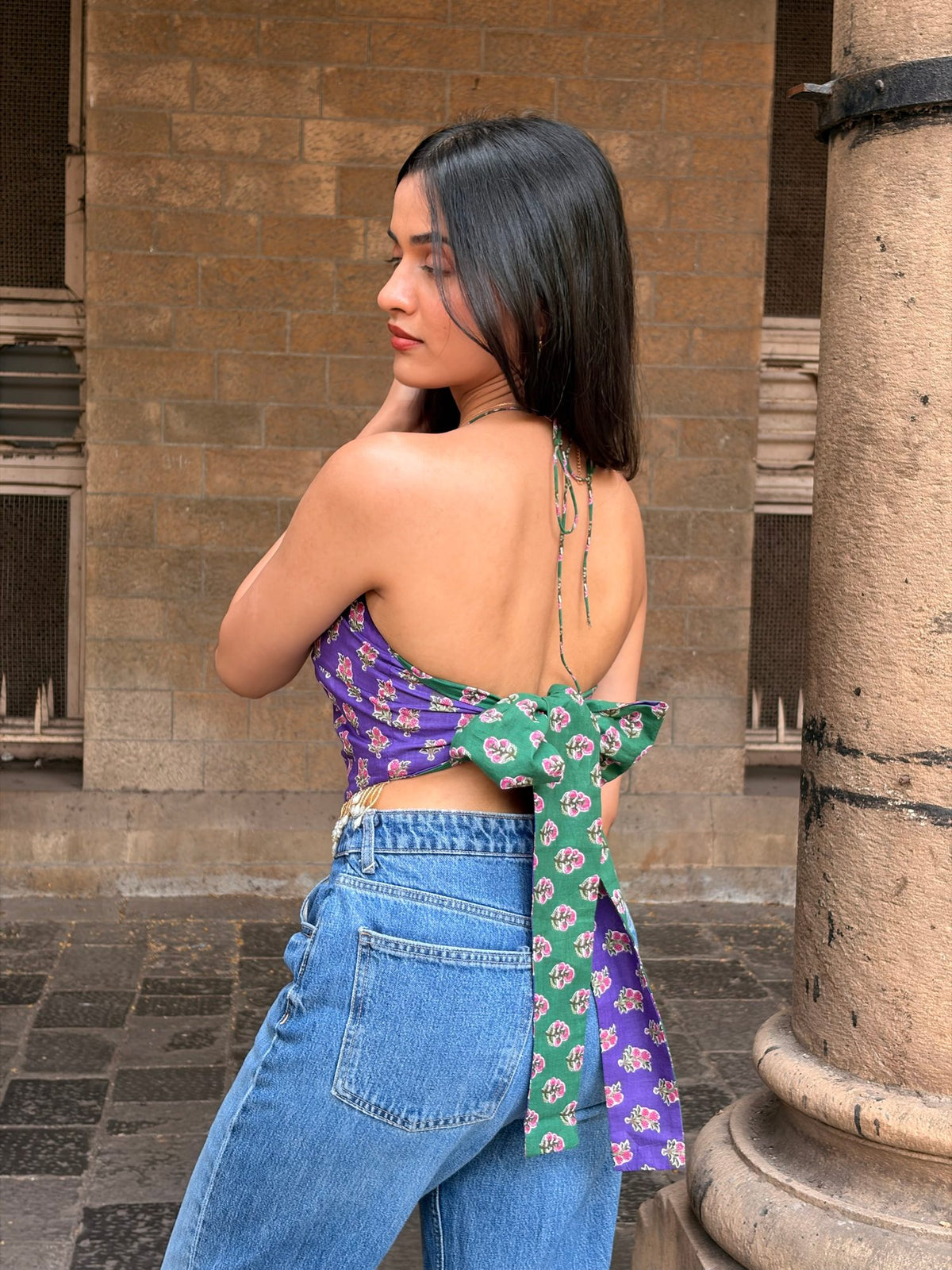 Purple and Green Floral Reversible Top with Back Tie-Up & Lace Detailing