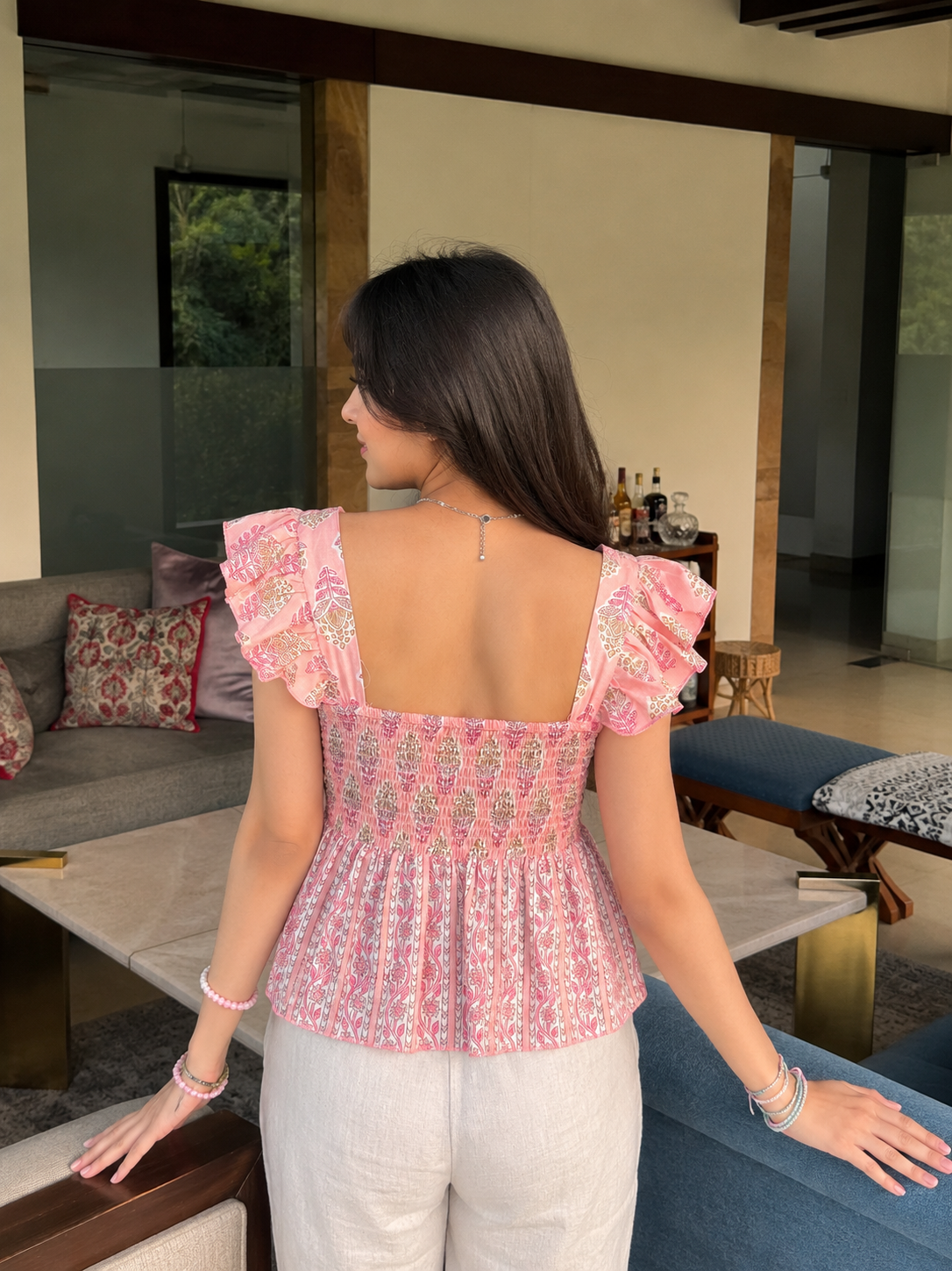 Pink Floral Printed Peplum Top with Back Smocking
