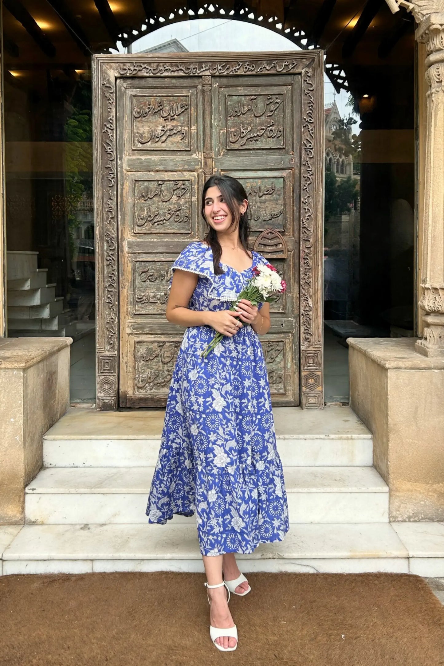 Blue and White Hand Printed Maxi Dress with Pocket AMARAA
