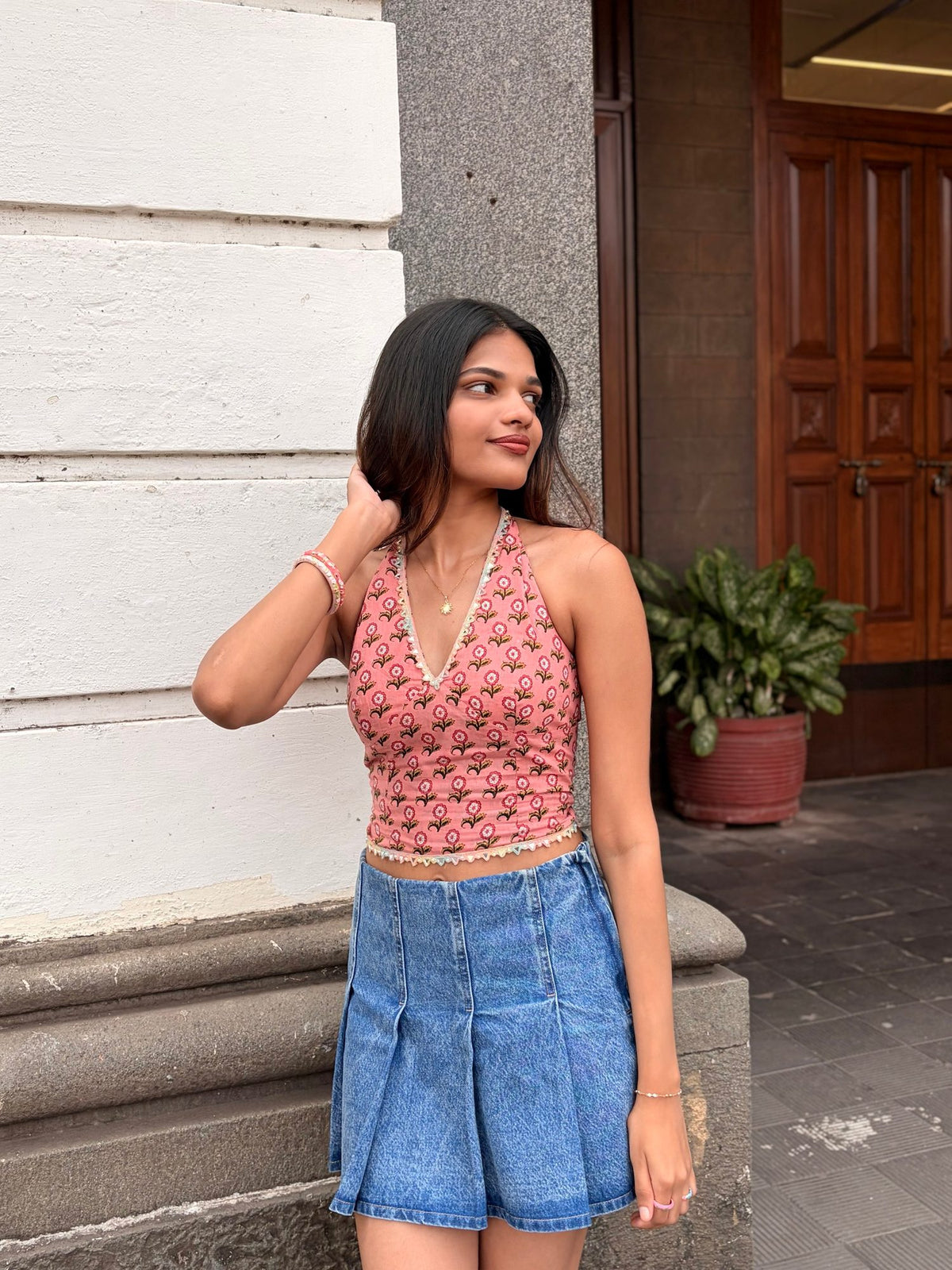 Pink and Green Floral Halter Top with Back Smocking & Lace Detailing