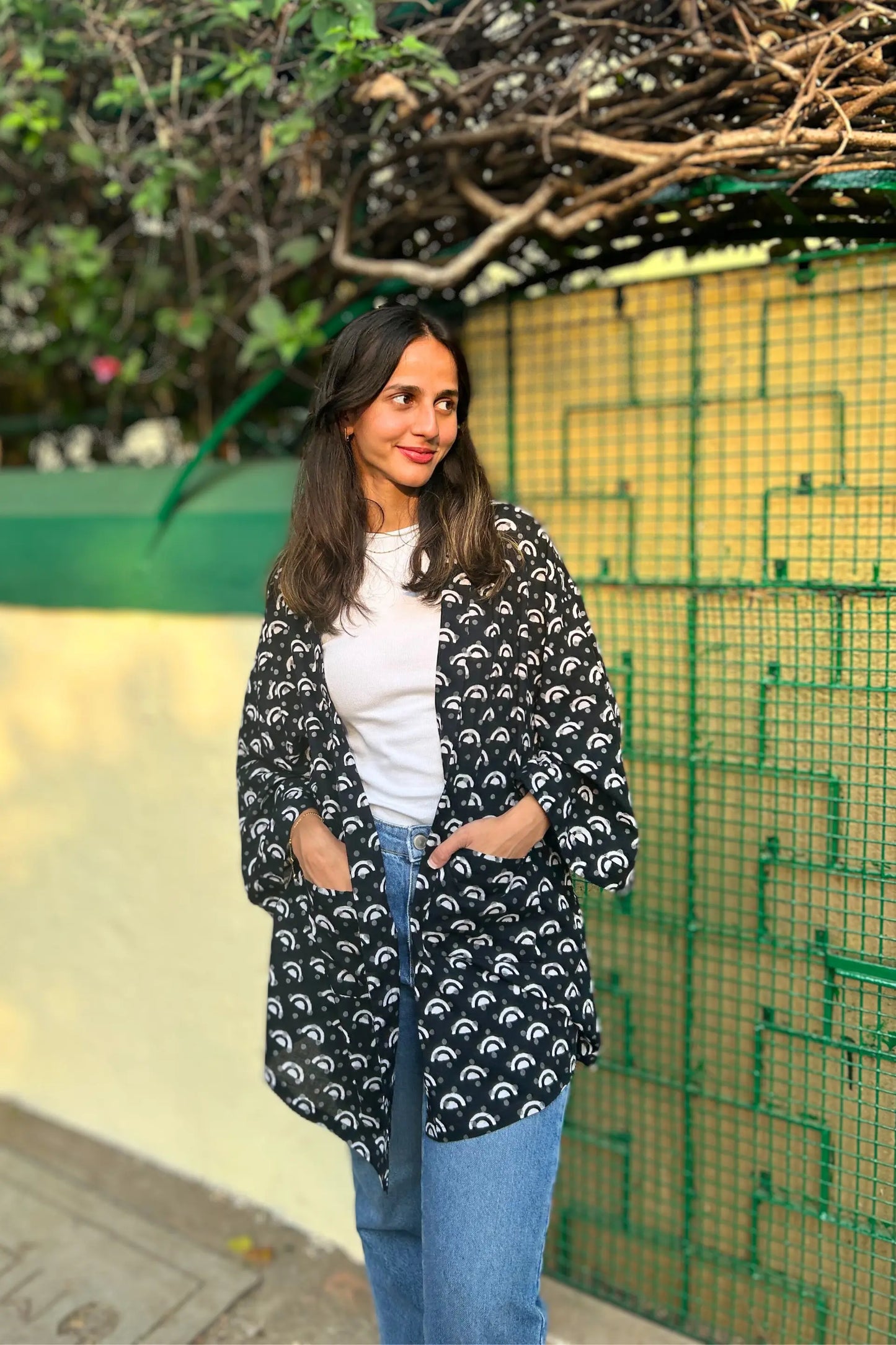 Black And White Pure Cotton Geometric Hand-Printed Shrug AMARAA