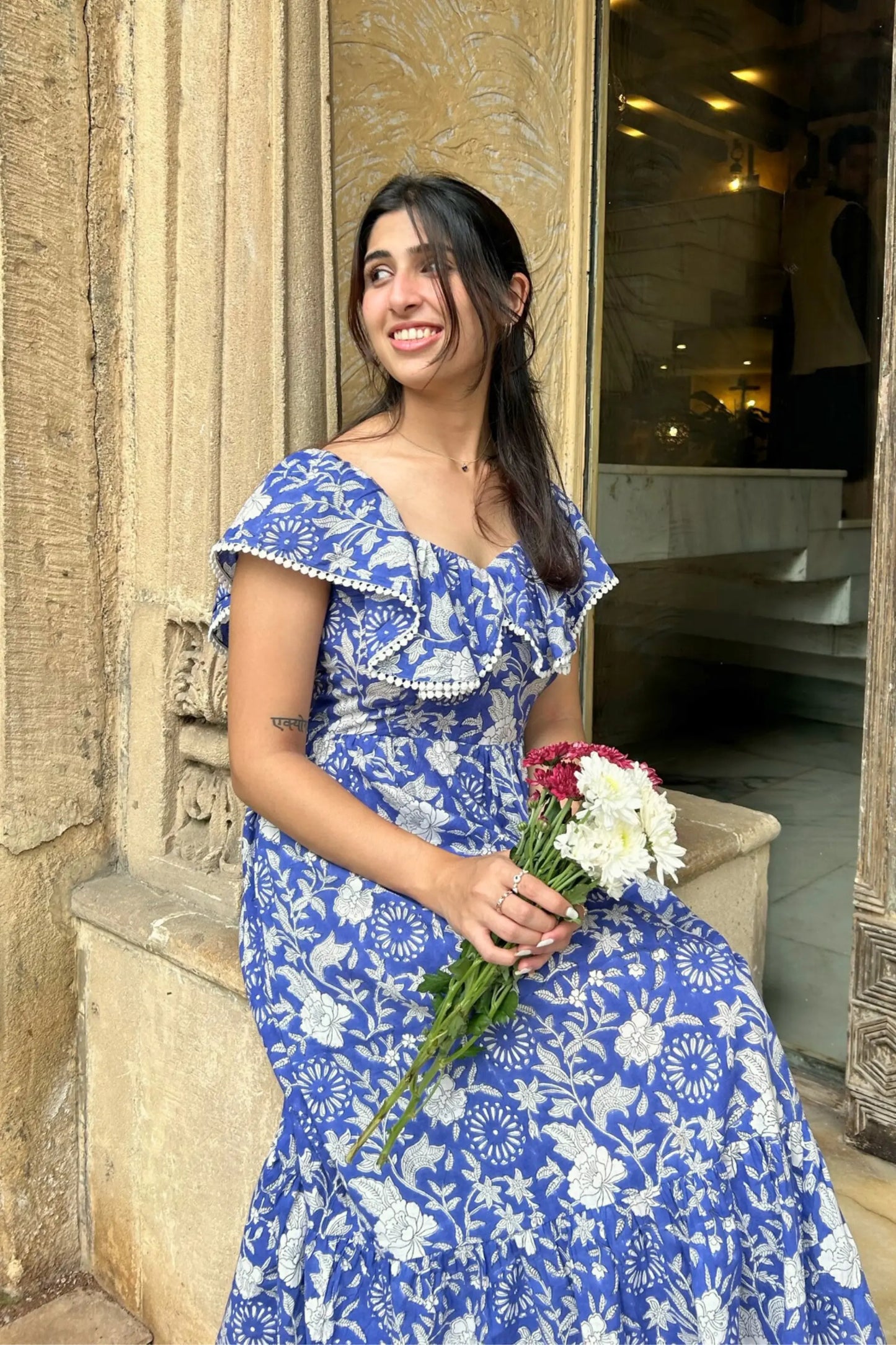 Blue and White Hand Printed Maxi Dress with Pocket AMARAA
