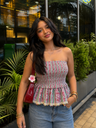 Pink and Green Smocking Tube Top with Boho Lace