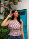 White Floral Printed Smocked Tie-Up Top