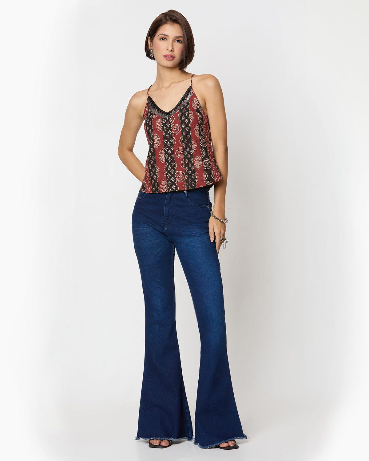 Black & Red Ajrak Printed Spaghetti Top with Coin Lace Detailing