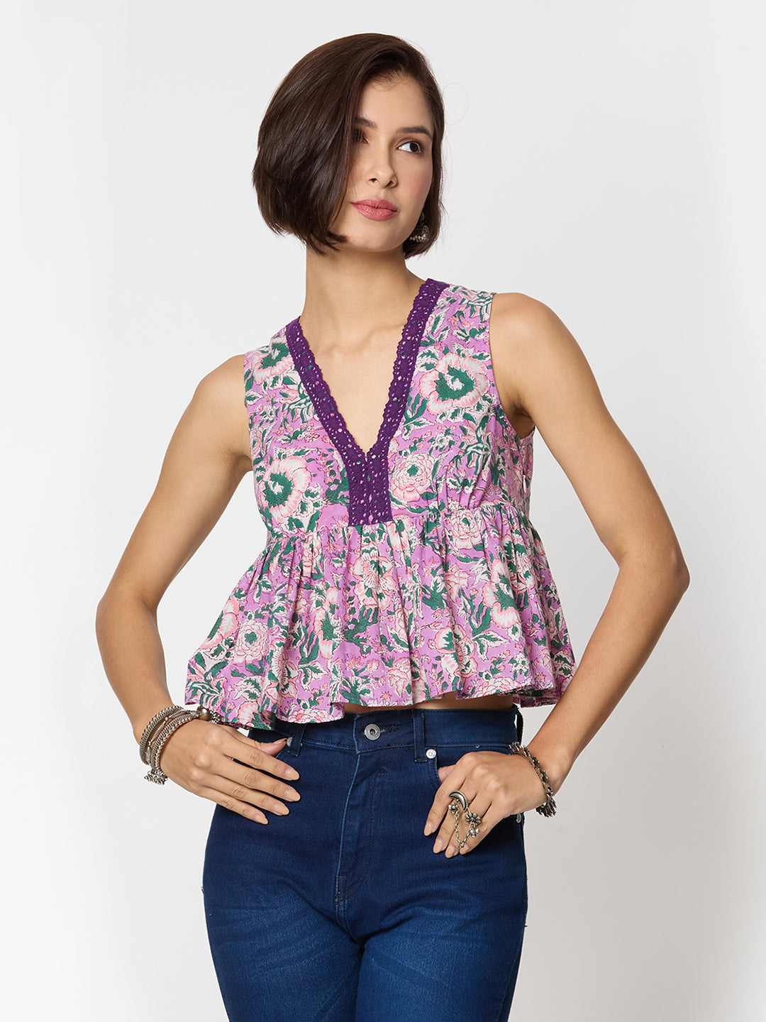 Purple and green Printed Top with Lace Detailing Along the Neck