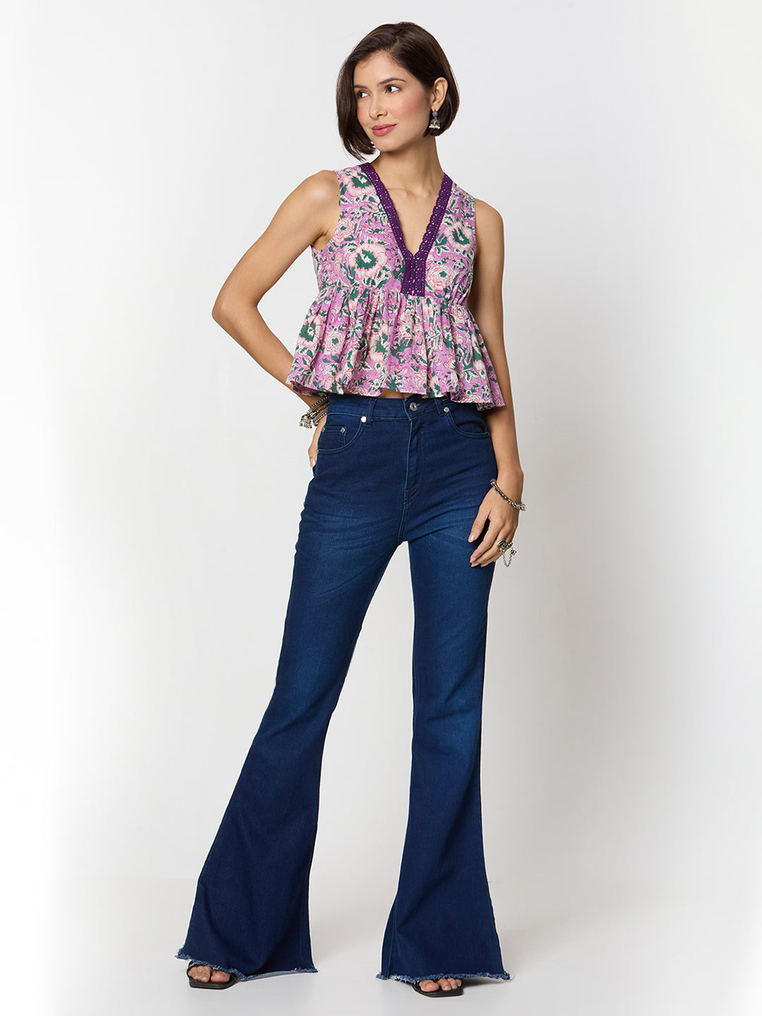 Purple and green Printed Top with Lace Detailing Along the Neck