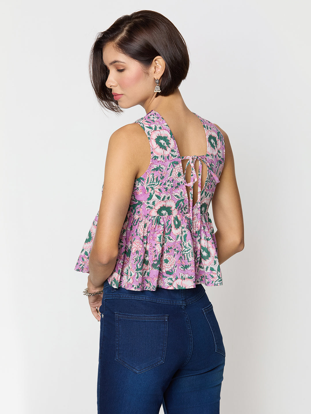 Purple and green Printed Top with Lace Detailing Along the Neck