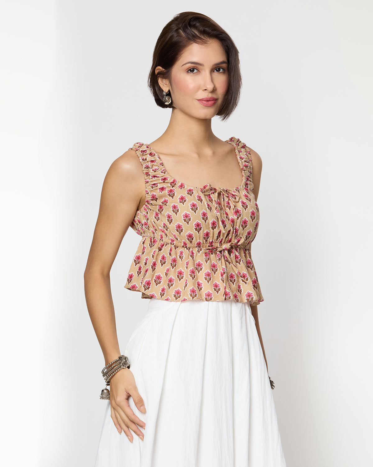 Beige and Pink Floral Printed Front Tie Up Peplum Top