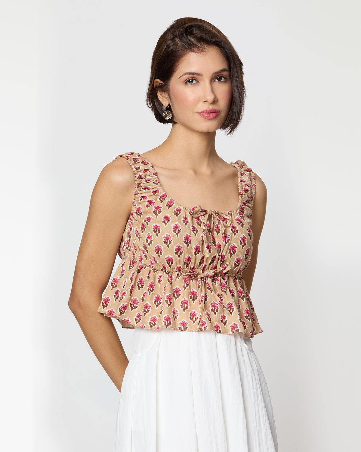 Beige and Pink Floral Printed Front Tie Up Peplum Top