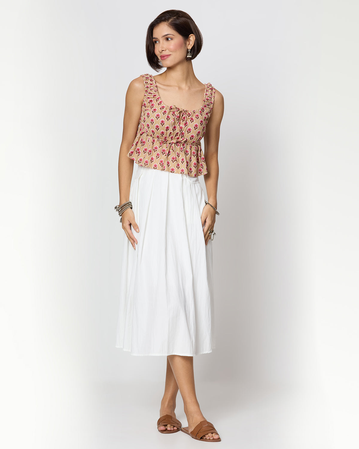 Beige and Pink Floral Printed Front Tie Up Peplum Top