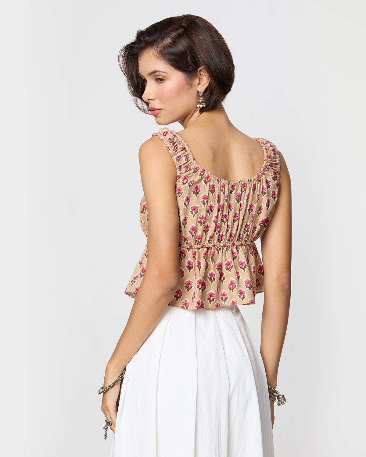 Beige and Pink Floral Printed Front Tie Up Peplum Top