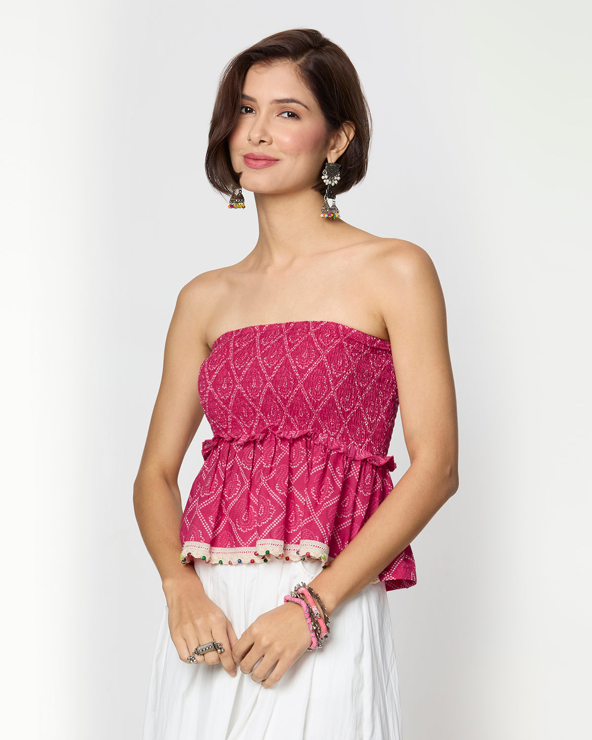 Pink Bandhani Smocking Tube Top with Boho Lace