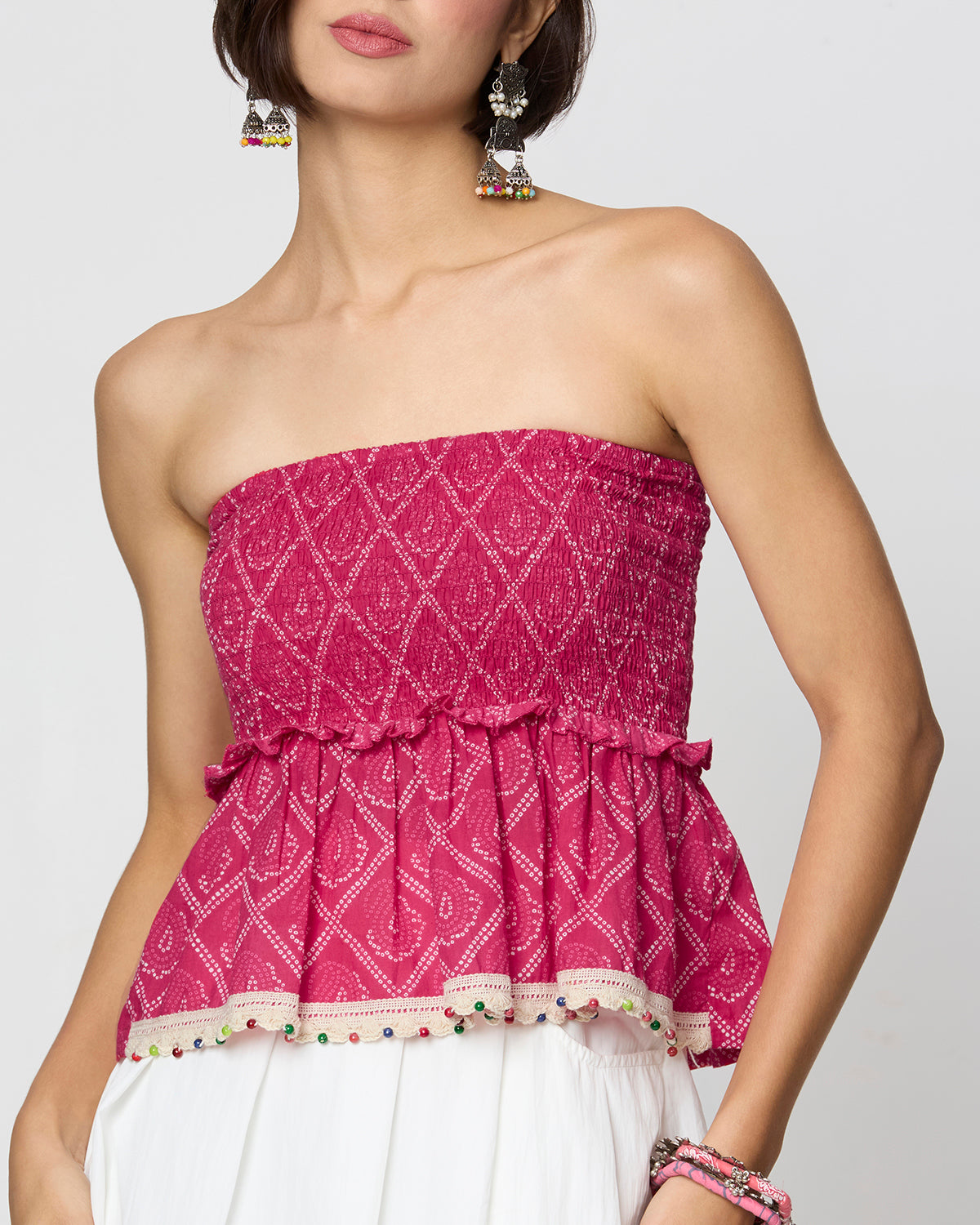 Pink Bandhani Smocking Tube Top with Boho Lace