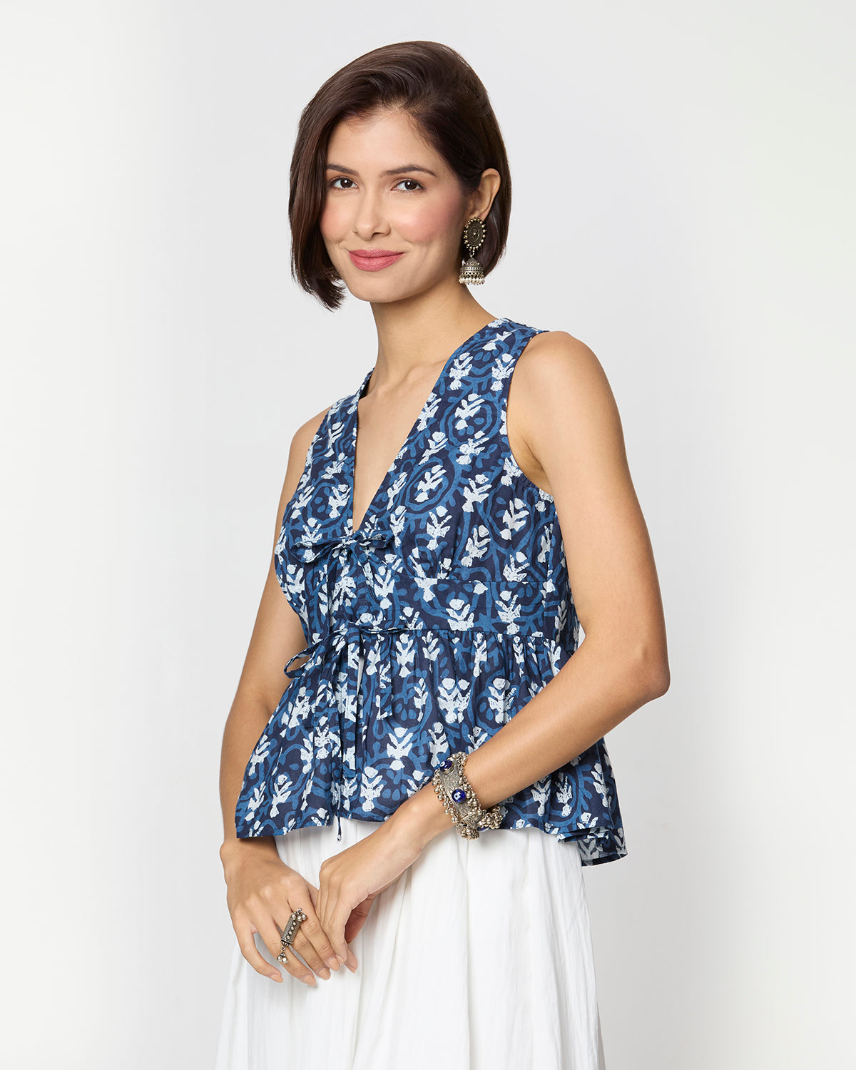 Indigo & White Floral Tie-Up Top