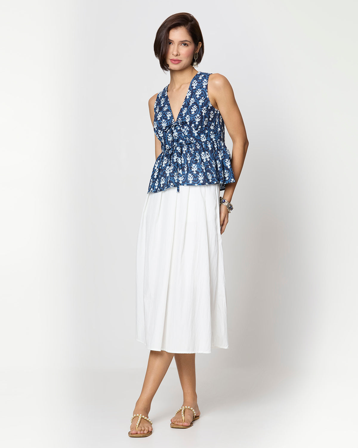 Indigo & White Floral Tie-Up Top