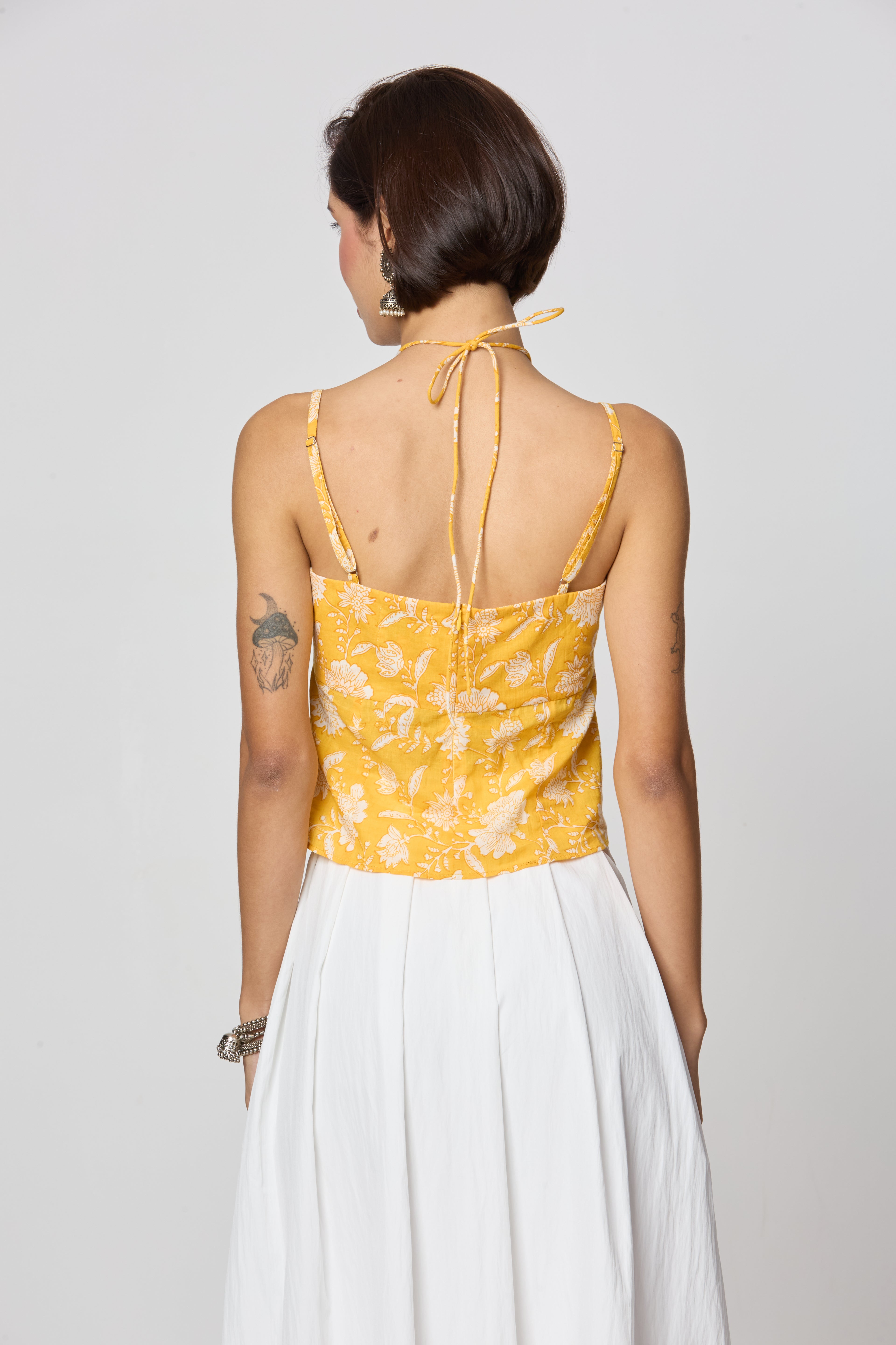 Yellow Floral Tie-Up Neckline Top