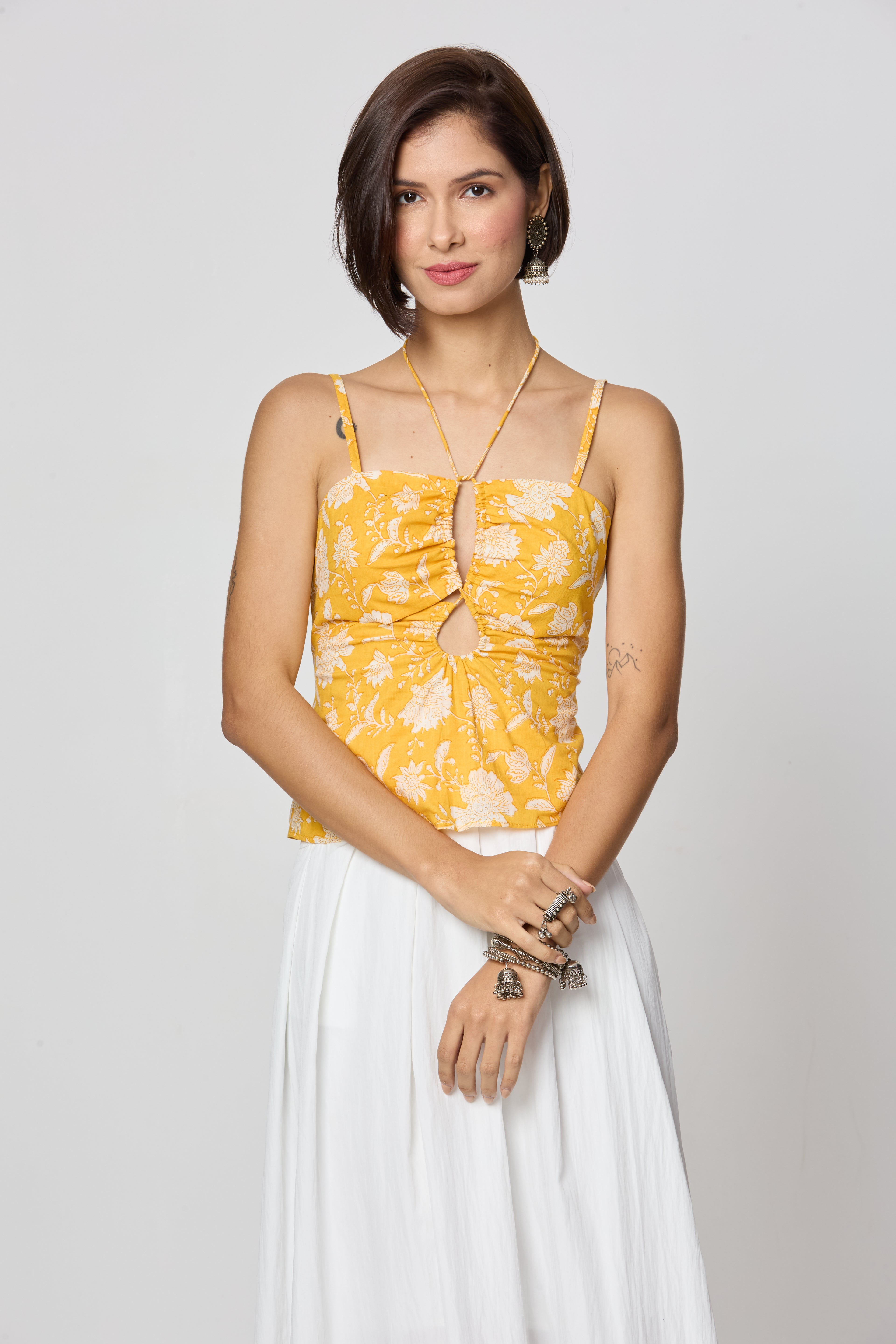 Yellow Floral Tie-Up Neckline Top