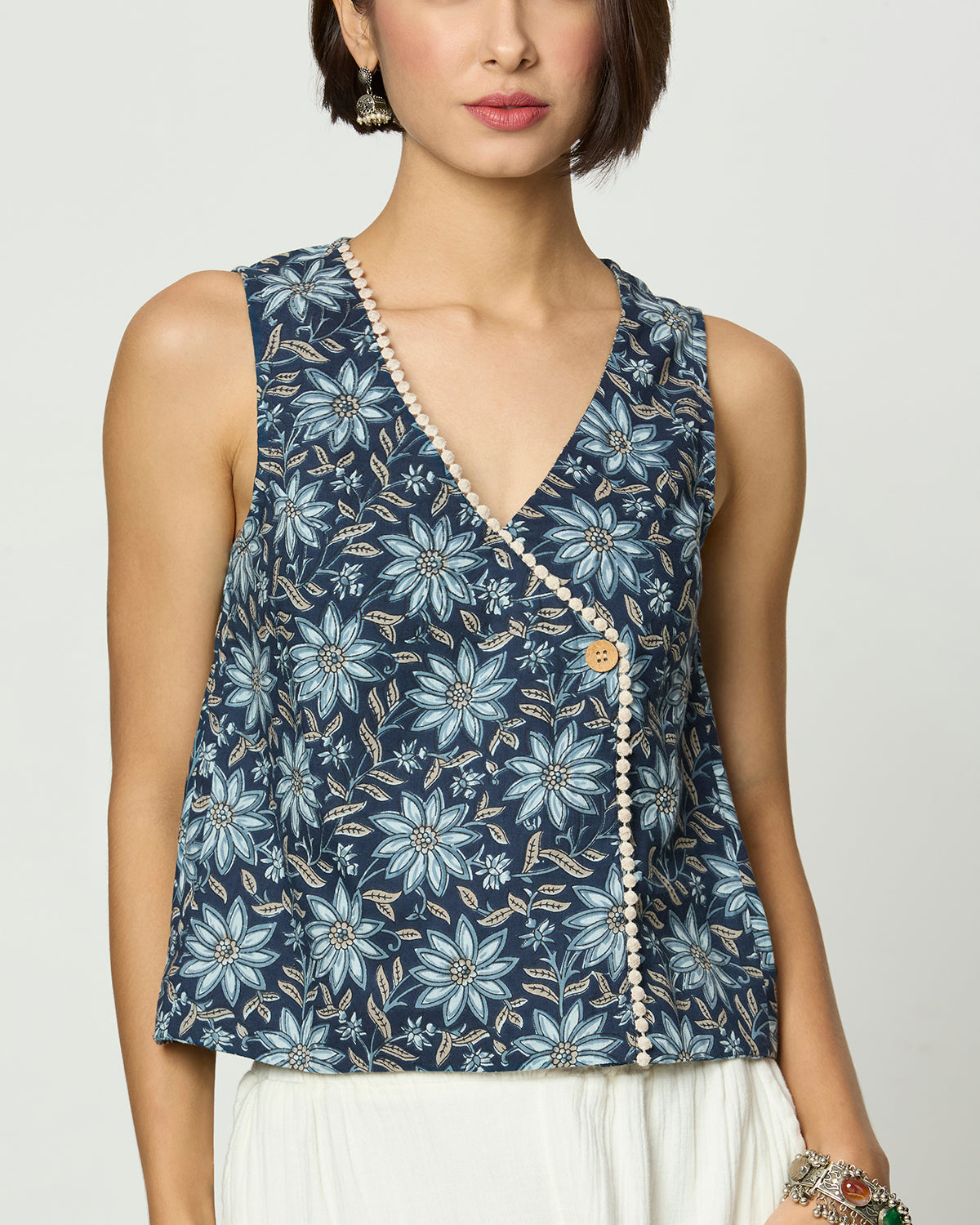 Shades of Blue, Grey & Beige Top with Lace Detailing