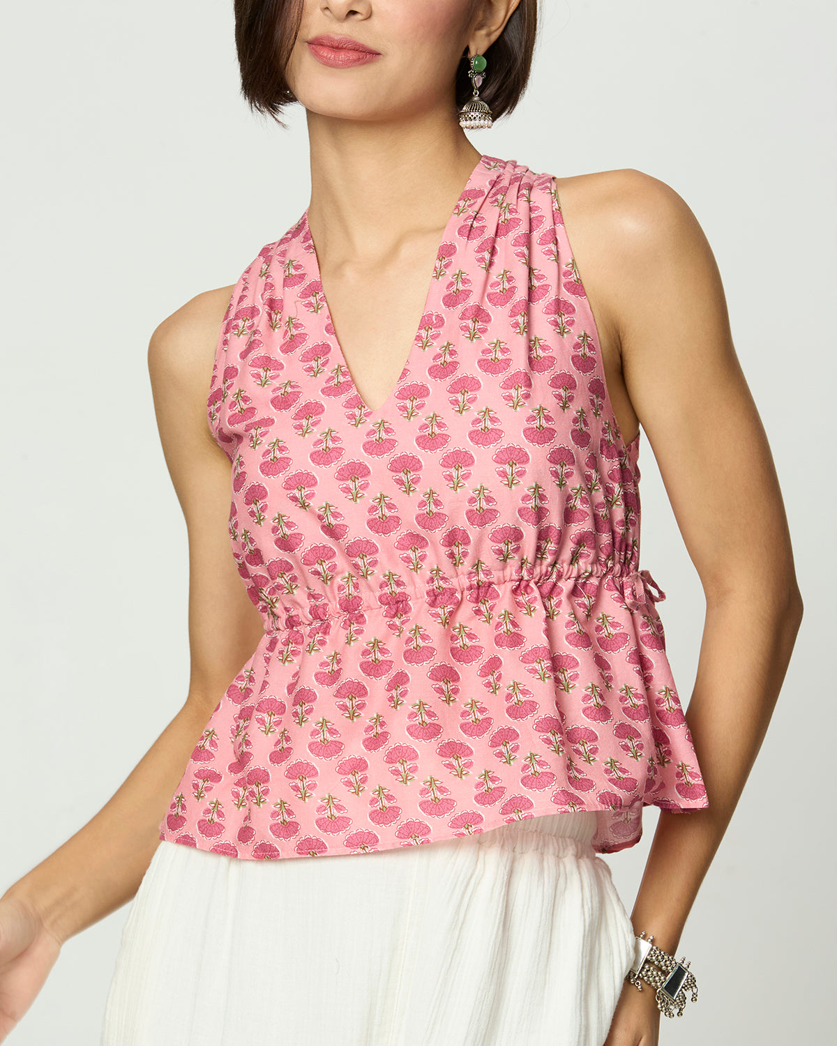 Pink Floral Sleeveless Tie-Up Top