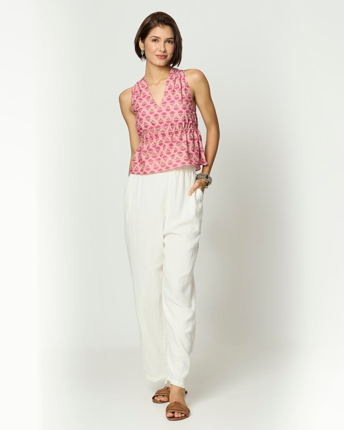 Pink Floral Sleeveless Tie-Up Top