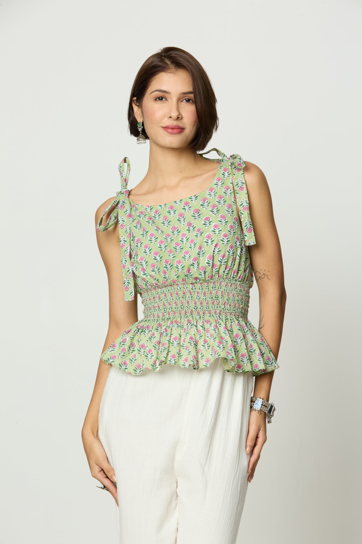 Light Green & Pink Floral Printed Smocked Tie-Up Top Desi Core
