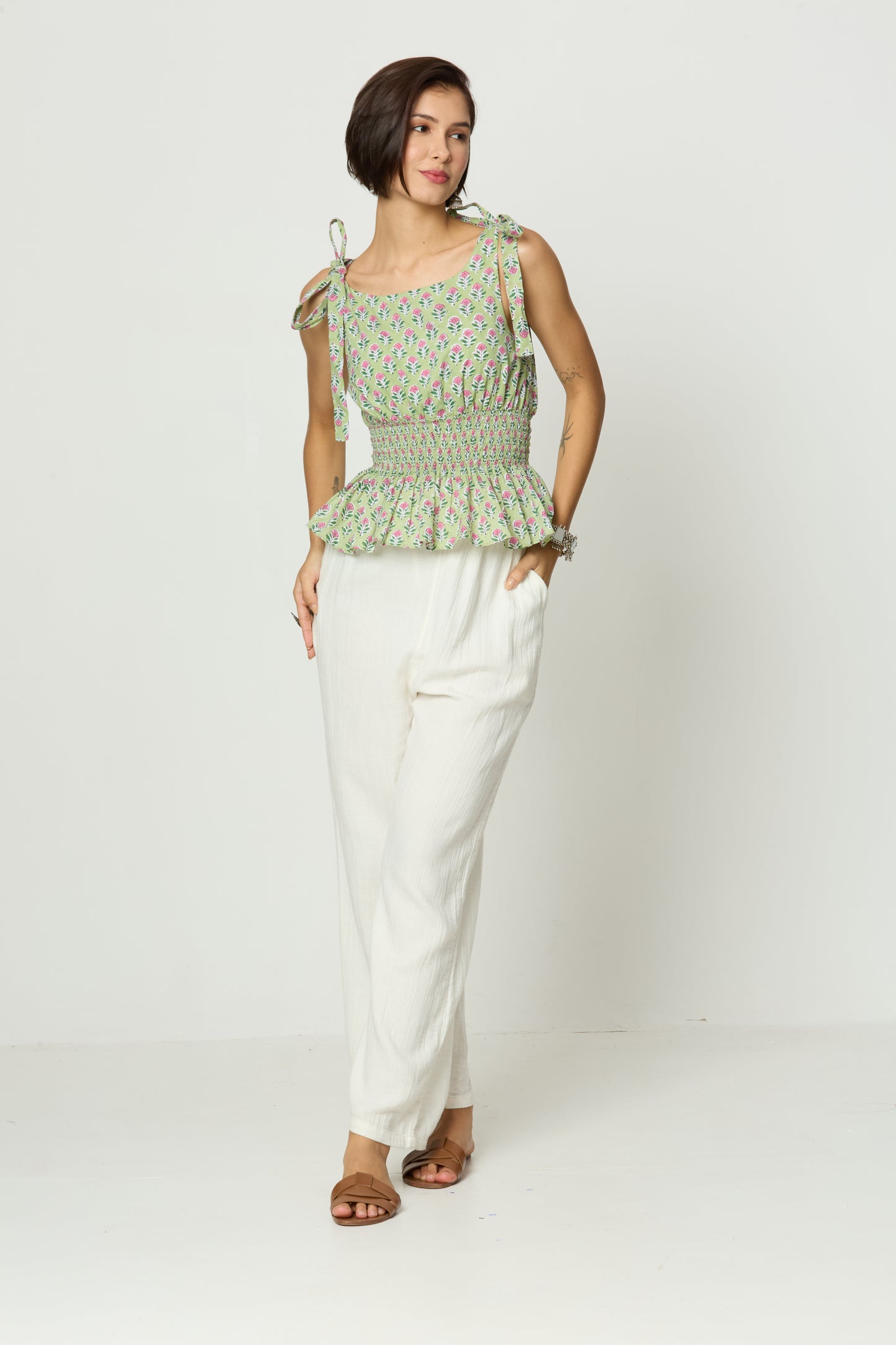 Light Green & Pink Floral Printed Smocked Tie-Up Top Desi Core