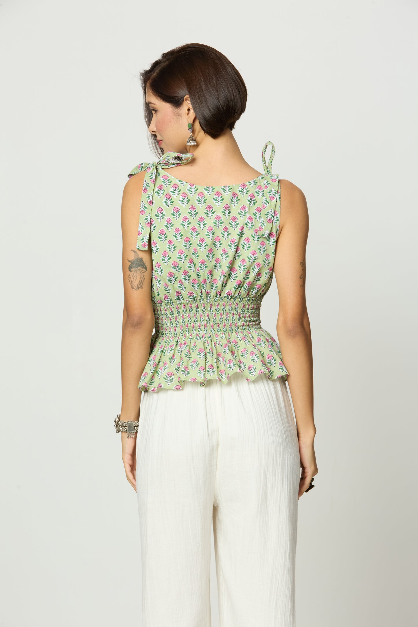 Light Green & Pink Floral Printed Smocked Tie-Up Top Desi Core