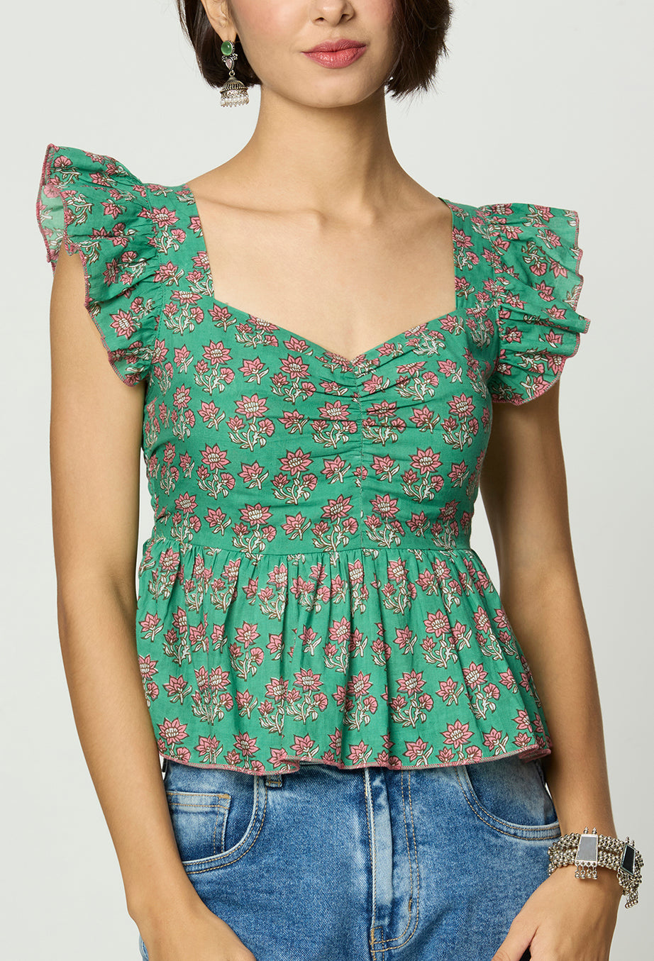 Green Floral Printed Sweetheart Neckline Peplum Top