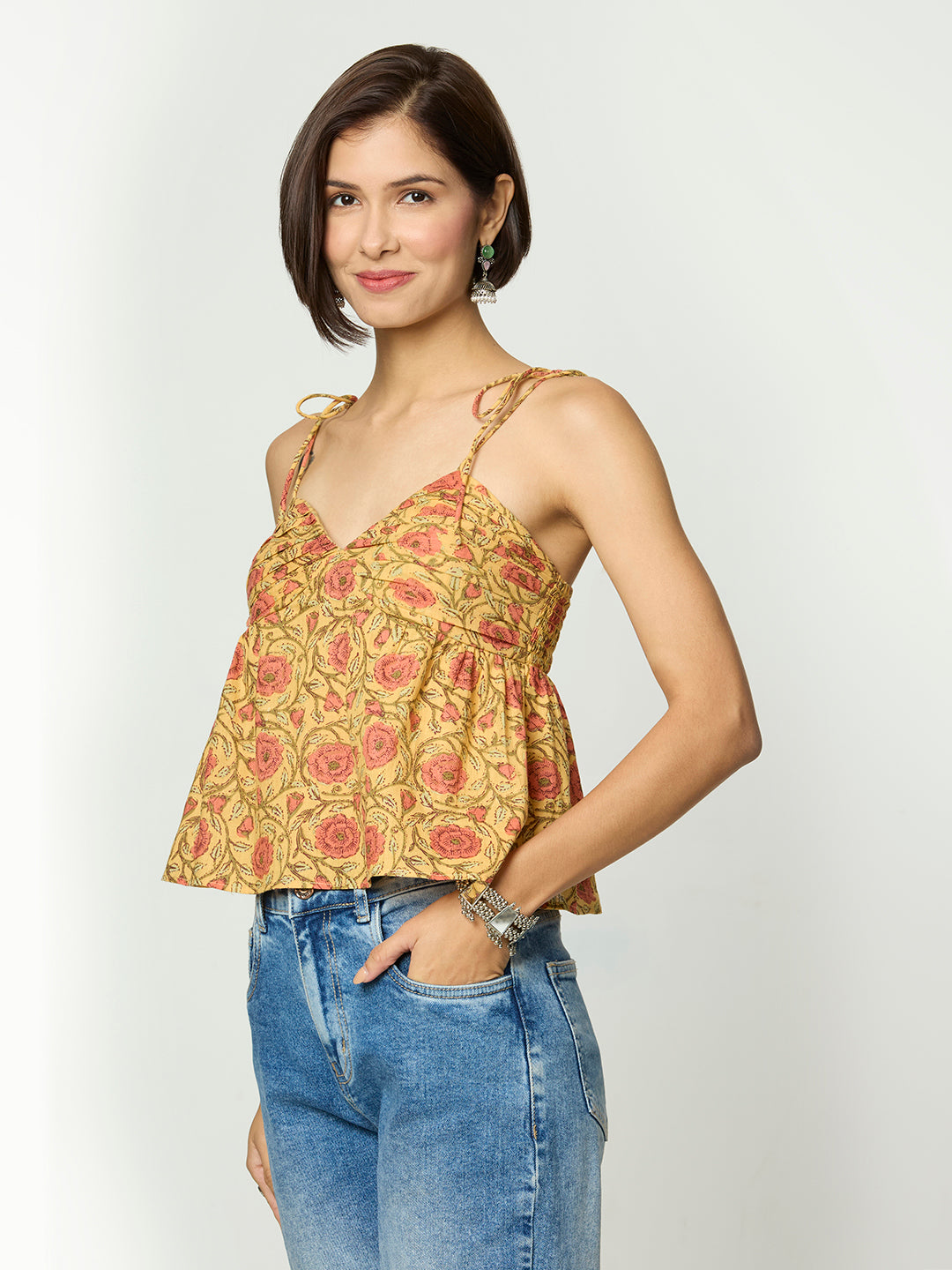 Mustard Yellow Floral Printed Back Smocking Tie Up Top