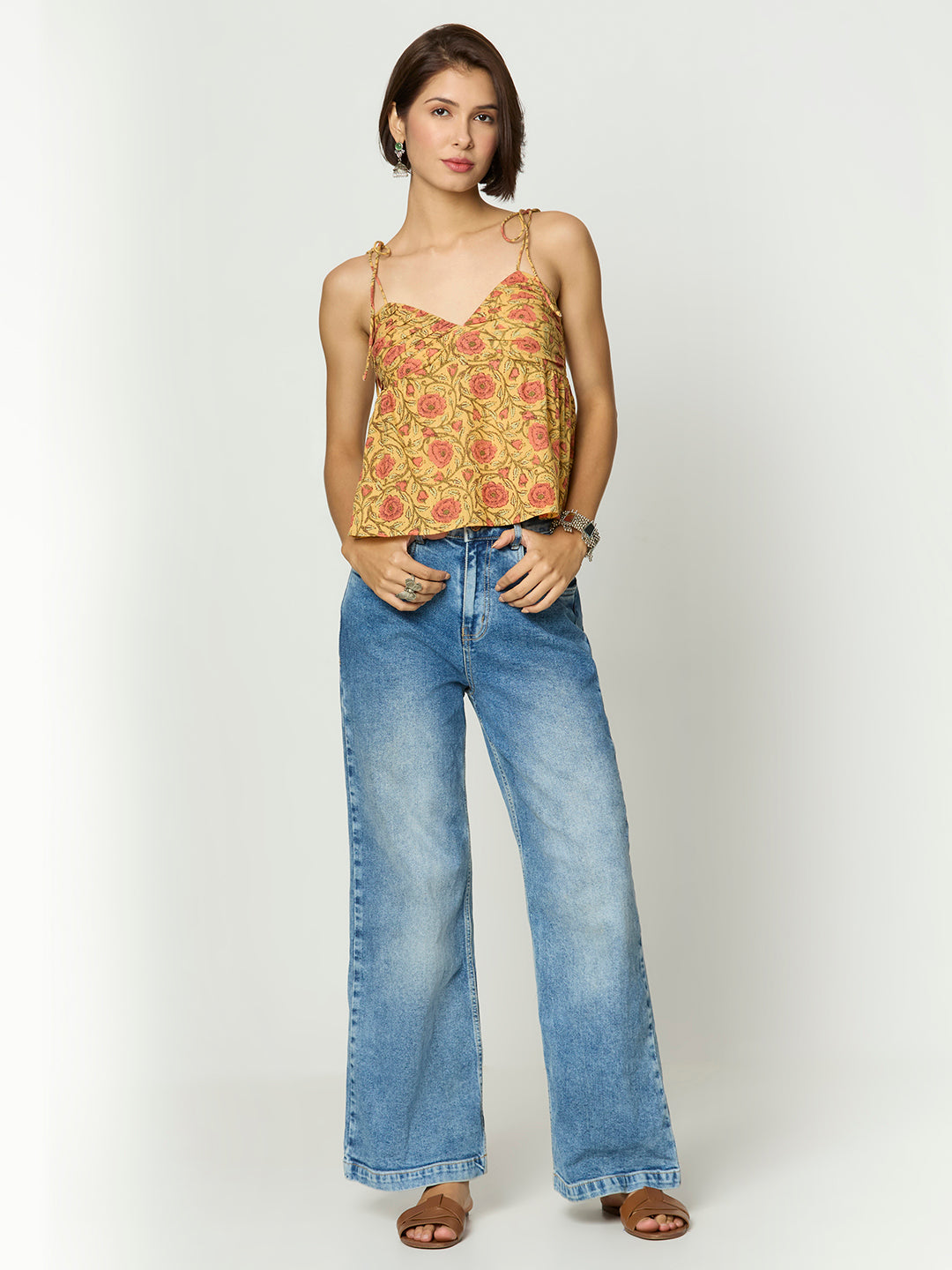 Mustard Yellow Floral Printed Back Smocking Tie Up Top
