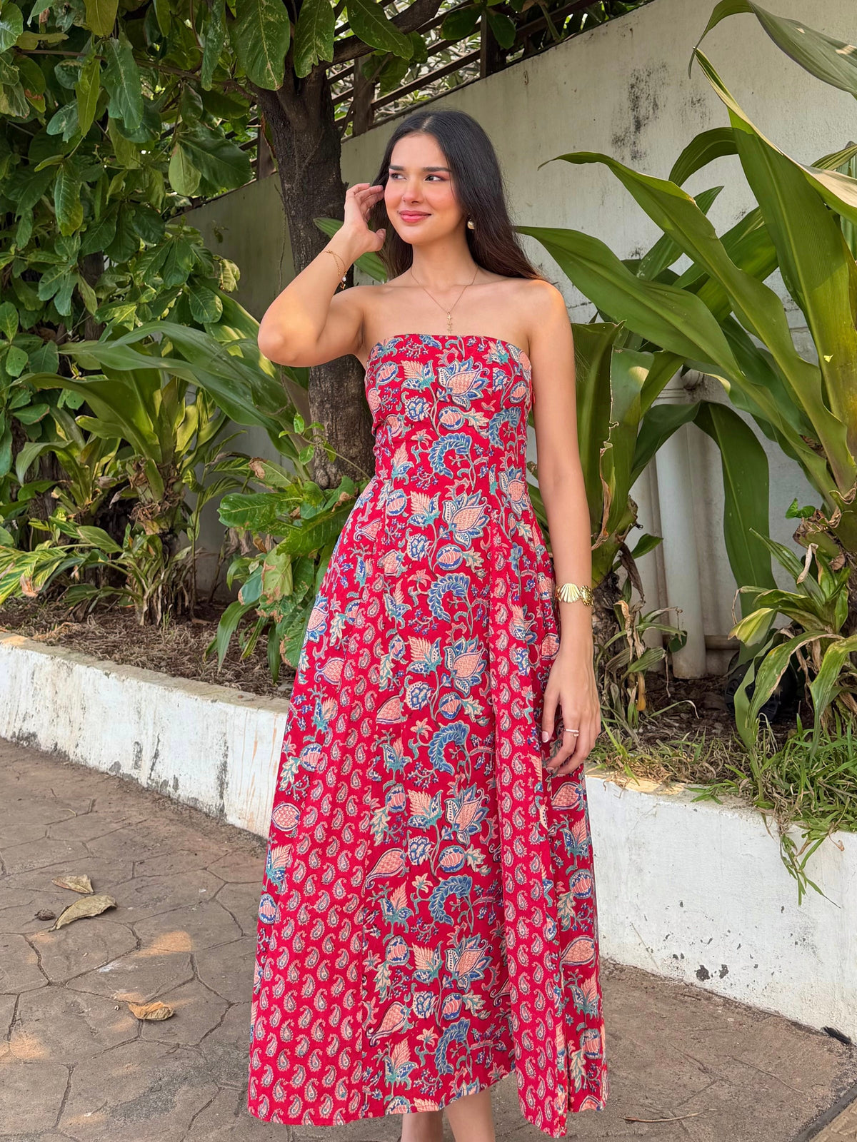 Red Paisley Floral Cotton Tube Midi Dress with Detachable Puff Sleeves