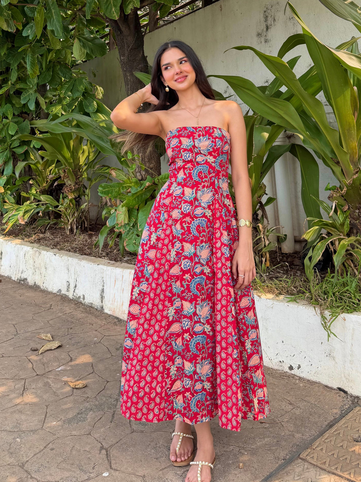 Red Paisley Floral Cotton Tube Midi Dress with Detachable Puff Sleeves