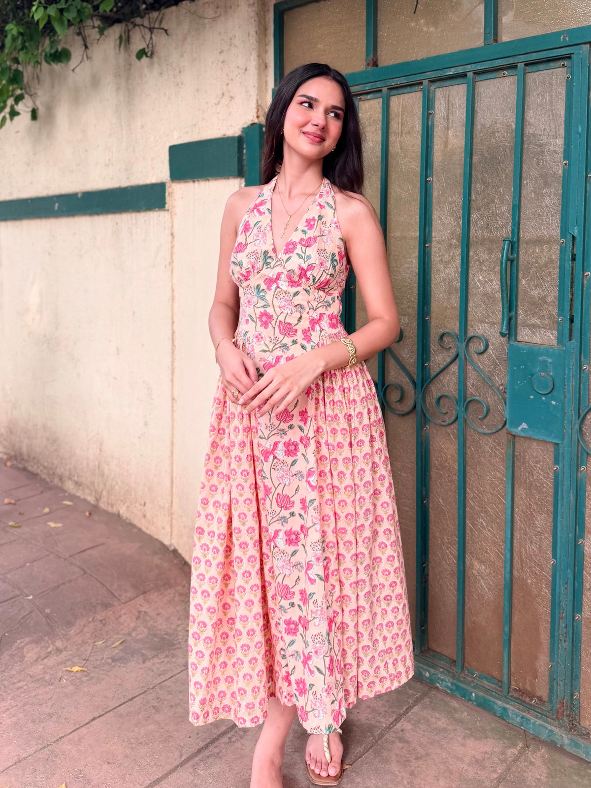 Peach & Pink Floral Cotton Halter Midi Dress with Back Lace-Up