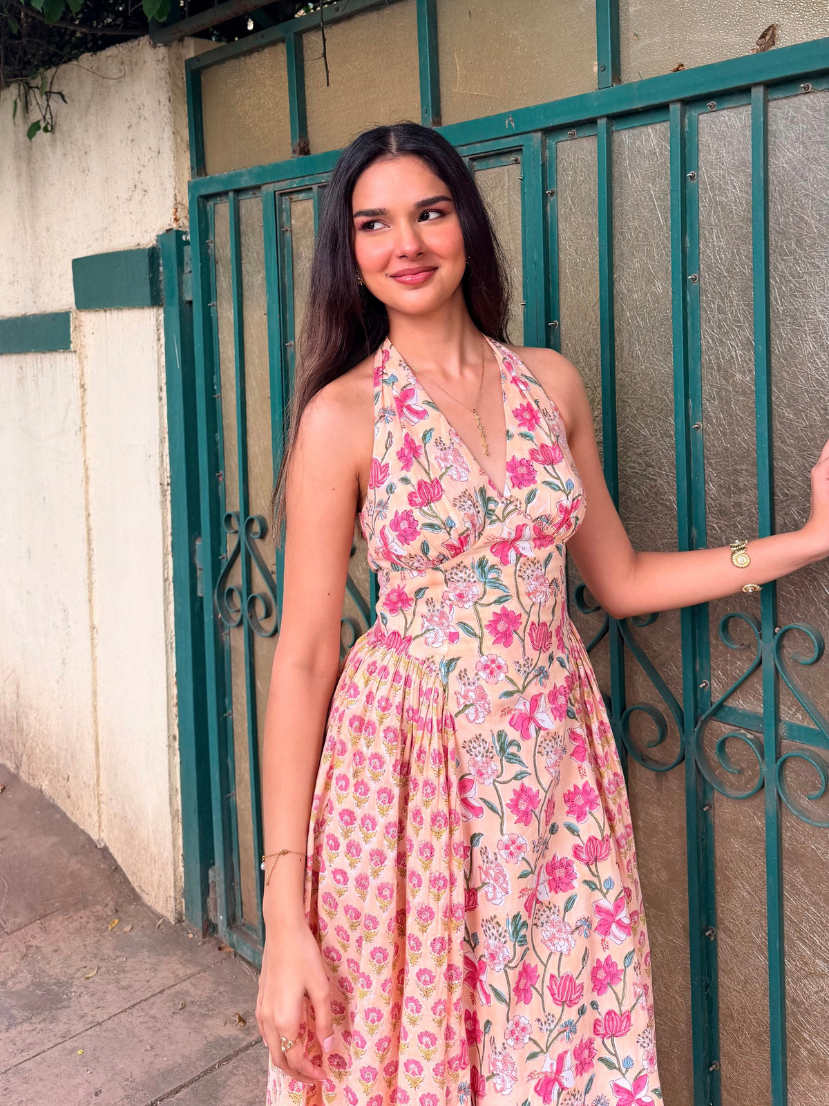 Peach & Pink Floral Cotton Halter Midi Dress with Back Lace-Up