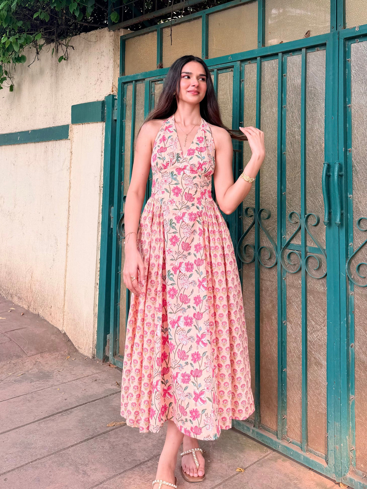 Peach & Pink Floral Cotton Halter Midi Dress with Back Lace-Up