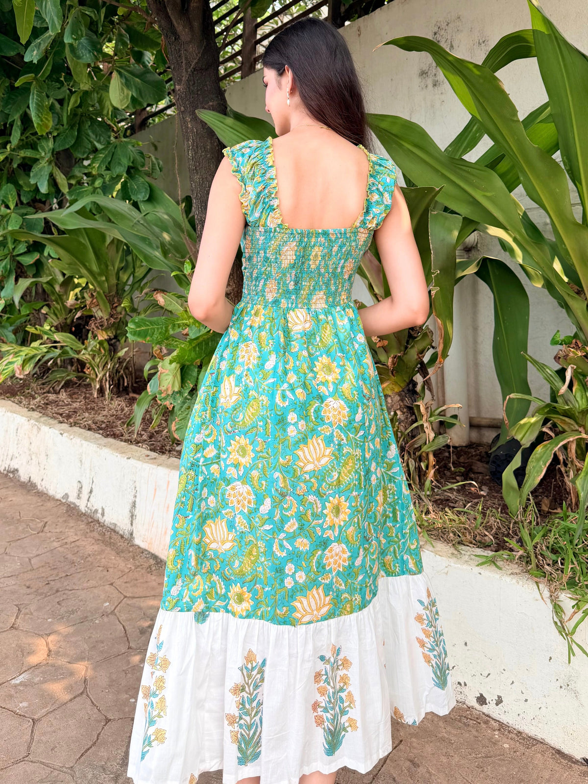 Turquoise & Yellow Floral Cotton Midi Dress with Smocked Waist & Contrast Hem