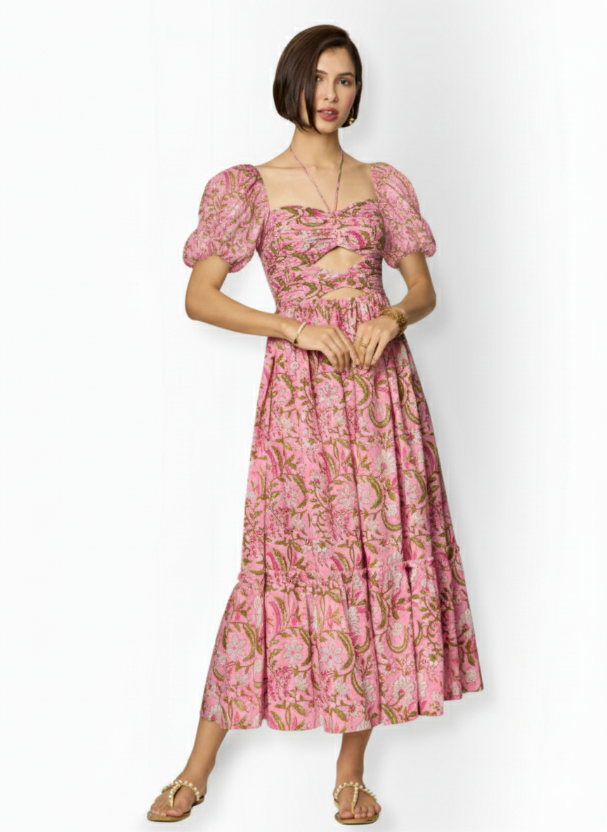 Pink and Green Floral Printed Maxi Dress with Front Cut-Outs Beat the October Heat