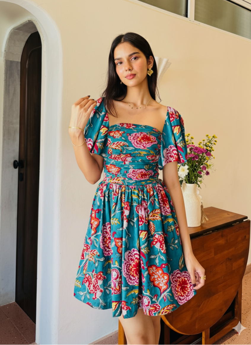 Dark Green Floral Print Tube Dress with One Side Pocket LF-Collection