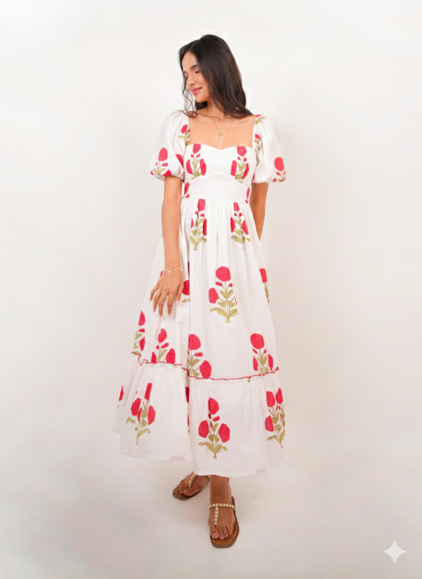White & Red Floral Hand Block Printed Tube Dress Spring Summer - 25