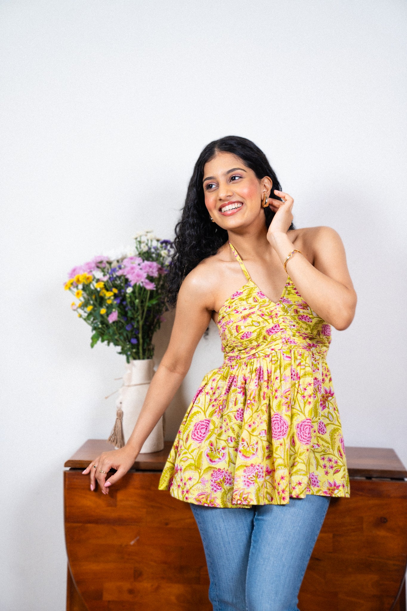 Yellow with Pink Floral Cotton Hand Printed Top AMARAA