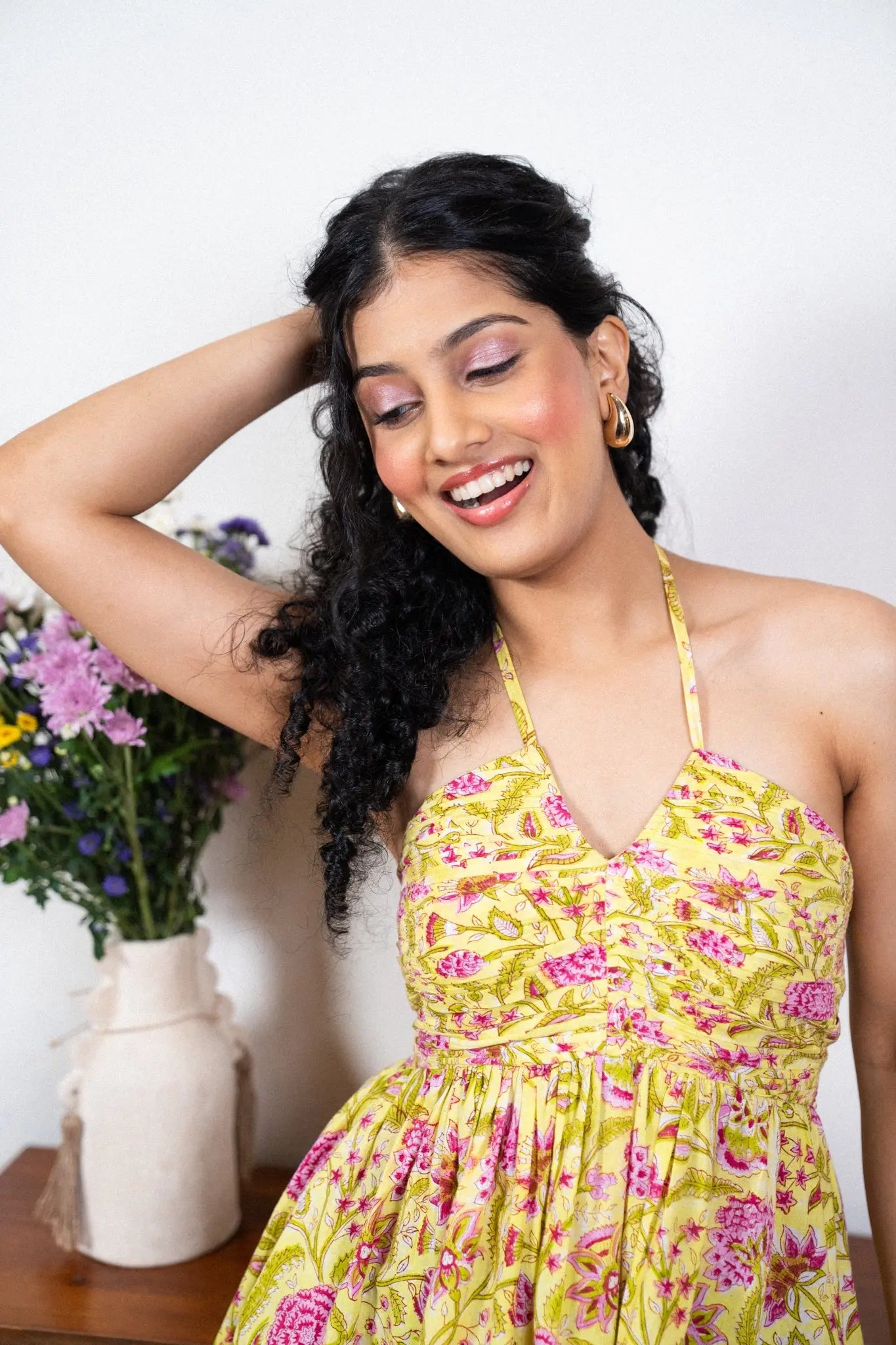 Yellow with Pink Floral Cotton Hand Printed Top with Back Smocking AMARAA