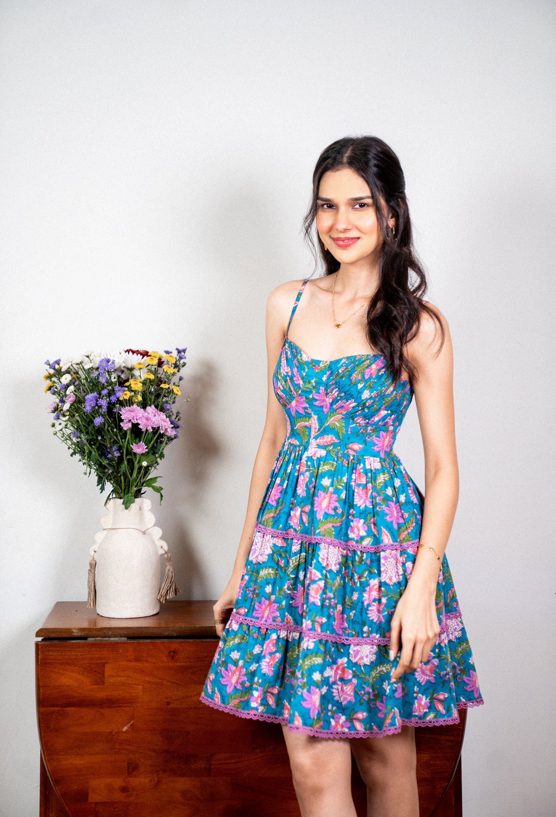 Blue Hand Block Printed Mini dress with Lace