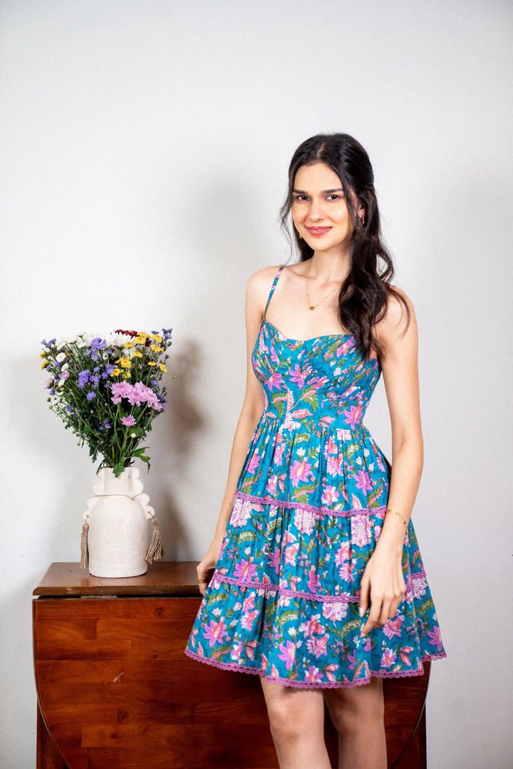 Blue Floral Hand-Block Print Lace Cotton Short Dress