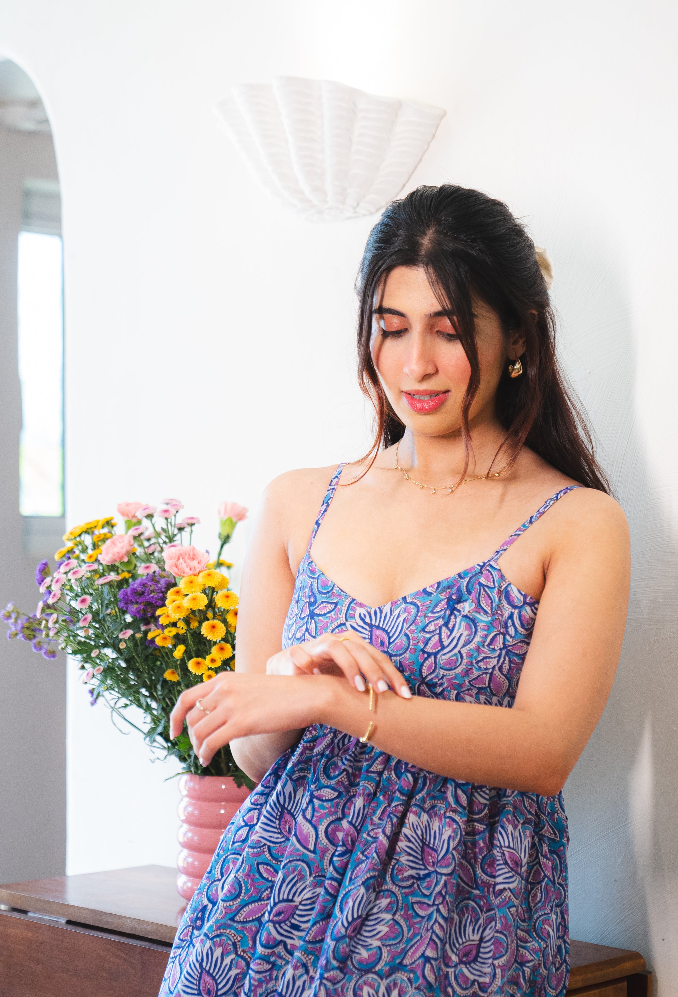 Blue & Purple Floral Cotton Maxi Dress with a Pocket